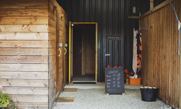 Firewood collection point and bathrooms.